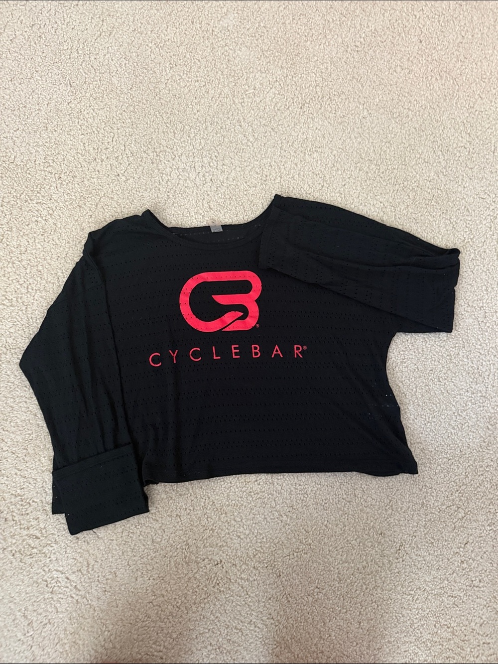 Cyclebar long sleeved cropped black shirt with red Cyclebar logo
